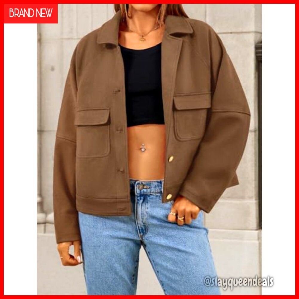 Faux Suede Cropped Jacket Casual Button Down Vintage Shacket - Picture 3 of 6